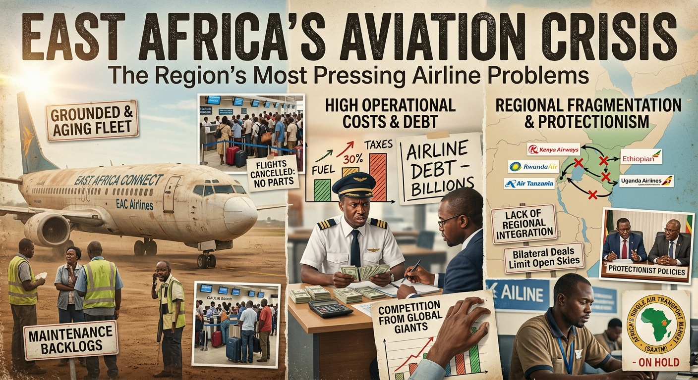 East Africa's aviation sector is experiencing a perfect storm of challenges, from financial distress and grounded fleets to geopolitical turbulence and strained infrastructure. Despite being one of the fastest-growing aviation markets globally, the region's airlines are struggling to stay aloft amid a cascade of interconnected crises.