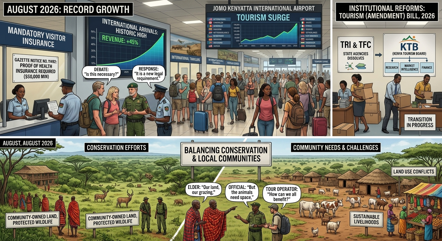 Kenya’s tourism sector is riding a wave of remarkable growth in August 2026, with record international arrivals and a massive surge in revenue . This success is, however, being balanced by major institutional reforms, a new mandatory visitor insurance requirement that is sparking debate, and the persistent challenge of balancing conservation with the needs of local communities